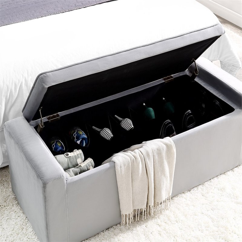 Maklaine Velvet Upholstered Bench with Shoe Storage in Gray Finish