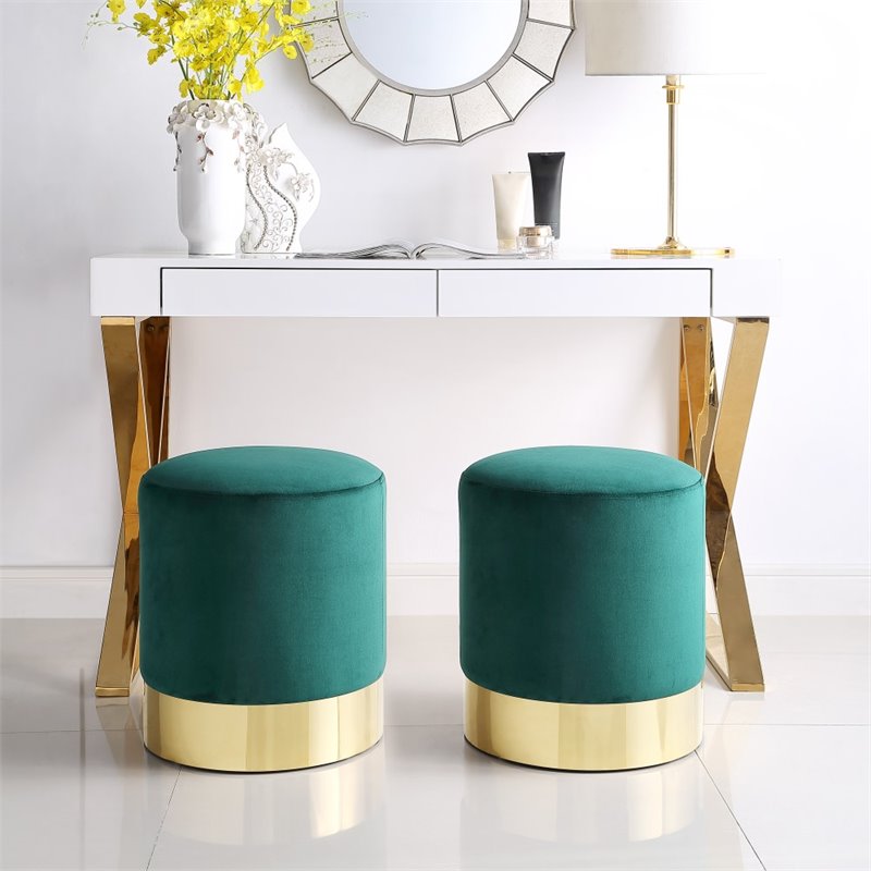 Maklaine Velvet Round Ottoman with Metal Base in Green/Gold Finish