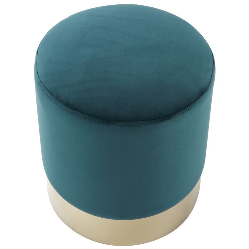 Maklaine Velvet Round Ottoman with Metal Base in Green/Gold Finish
