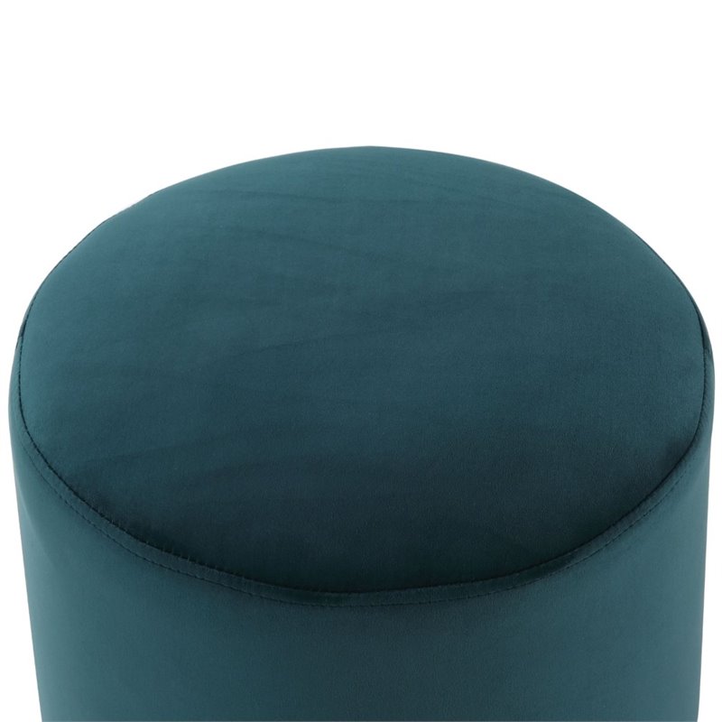 Maklaine Velvet Round Ottoman with Metal Base in Green/Gold Finish