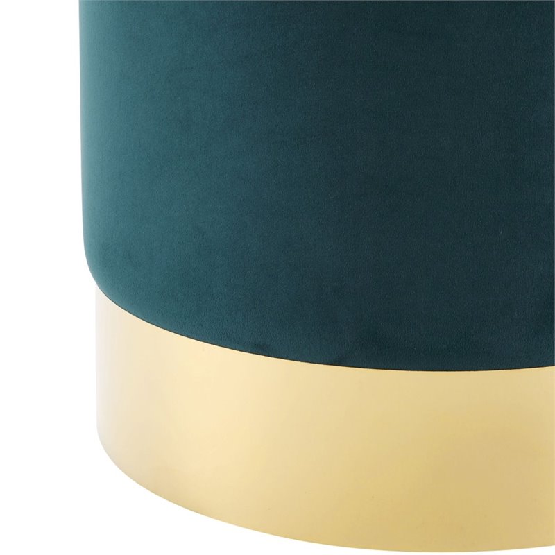 Maklaine Velvet Round Ottoman with Metal Base in Green/Gold Finish