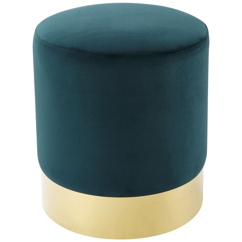 Maklaine Velvet Round Ottoman with Metal Base in Green/Gold Finish