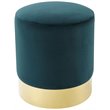 Maklaine Velvet Round Ottoman with Metal Base in Green/Gold Finish