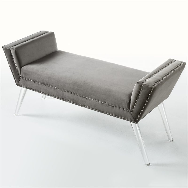 Maklaine Velvet Upholstered Bench with Acrylic Legs in Gray Finish