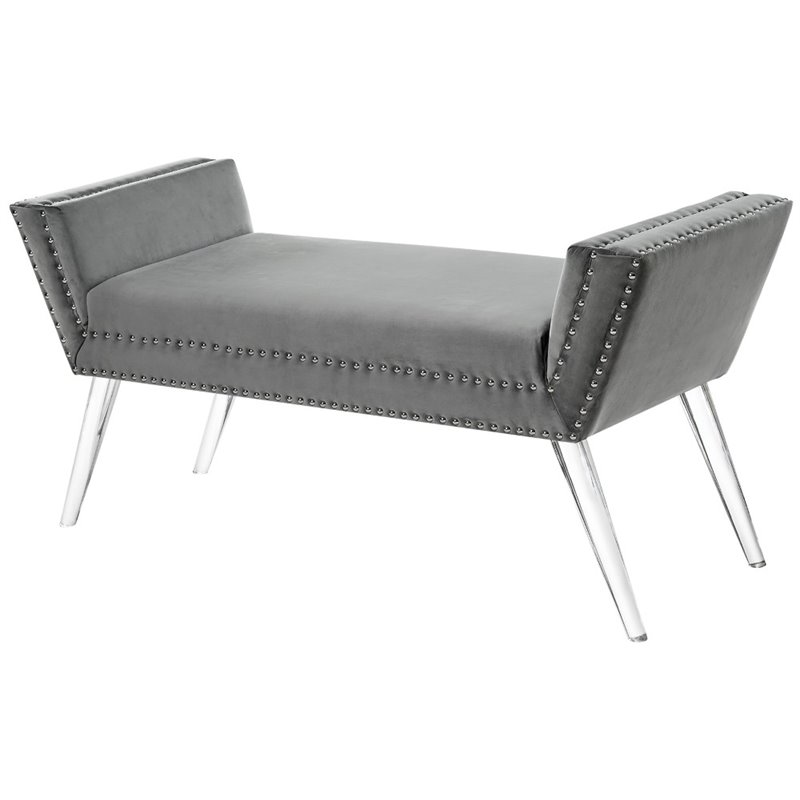 Maklaine Velvet Upholstered Bench with Acrylic Legs in Gray Finish