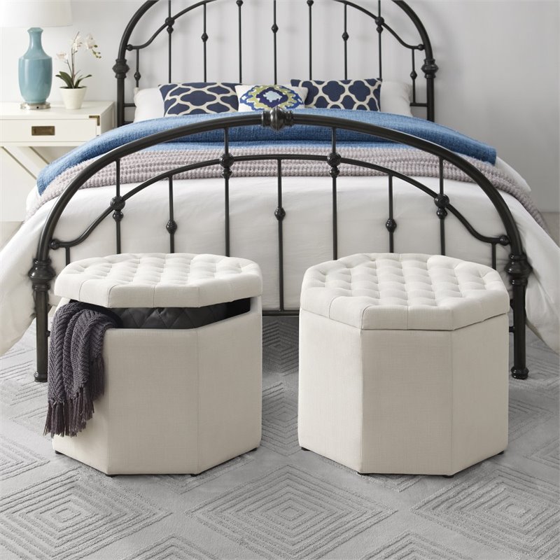 Maklaine Button Tufted Linen Fabric Storage Ottoman in Beige