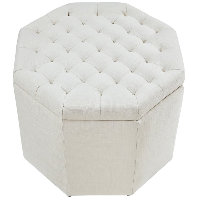 Maklaine Button Tufted Linen Fabric Storage Ottoman in Beige