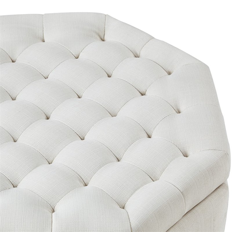 Maklaine Button Tufted Linen Fabric Storage Ottoman in Beige