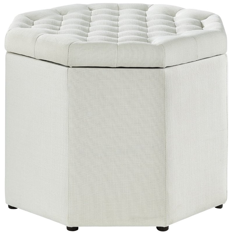 Maklaine Button Tufted Linen Fabric Storage Ottoman in Beige