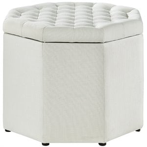 Maklaine Button Tufted Linen Fabric Storage Ottoman in Beige
