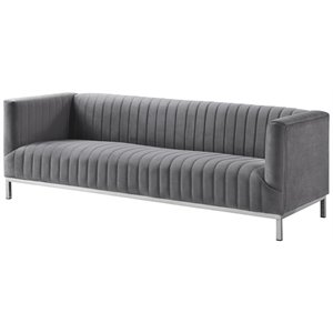 Maklaine Velvet Tuxedo Sofa with Y-Metal Base in Gray/Chrome
