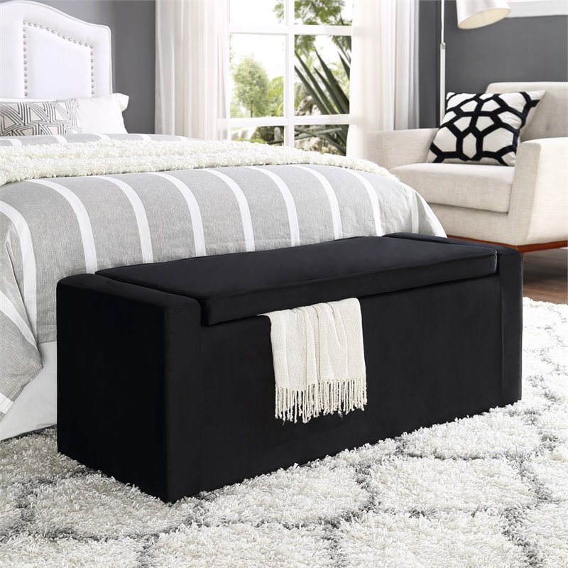Maklaine Velvet Upholstered Bench with Shoe Storage in Black