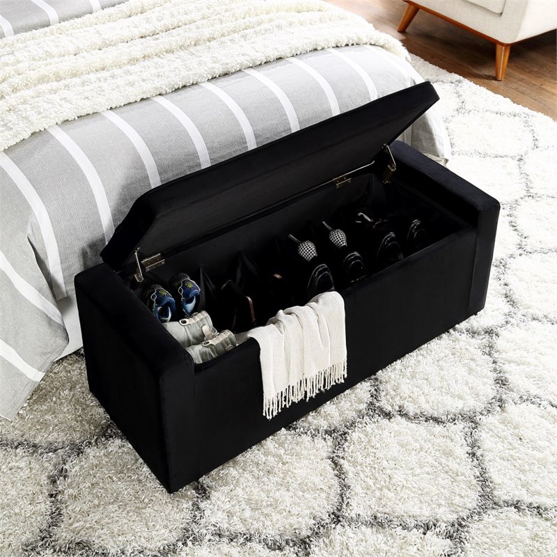 Maklaine Velvet Upholstered Bench with Shoe Storage in Black