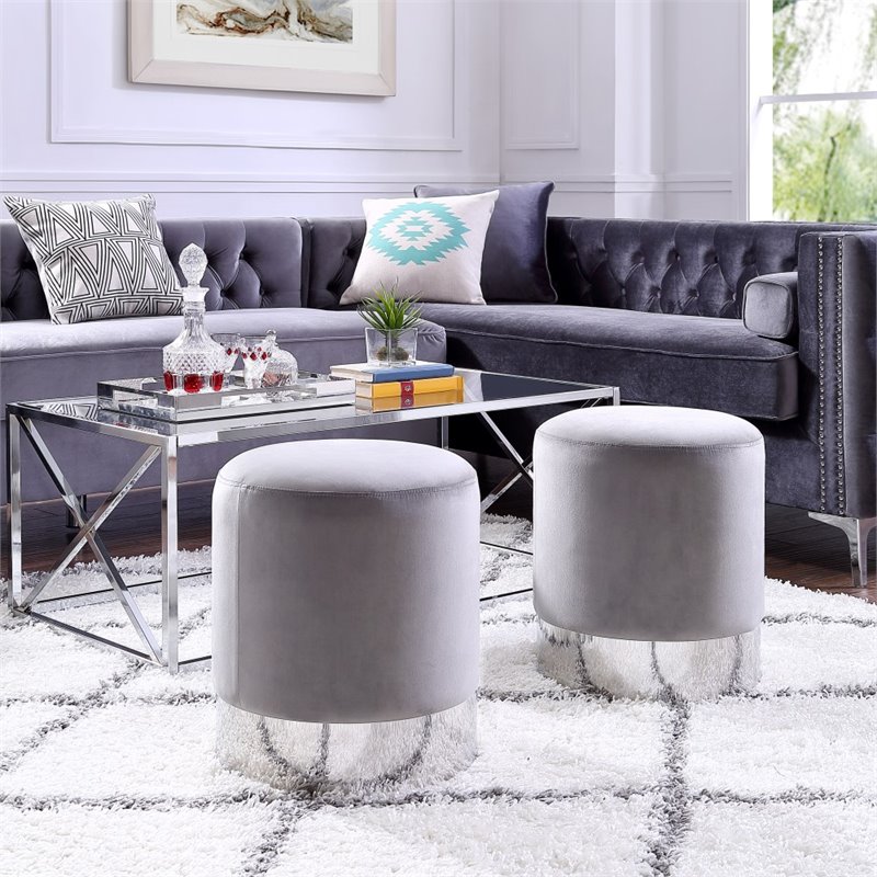 Maklaine Velvet Round Ottoman with Metal Base in Gray/Chrome