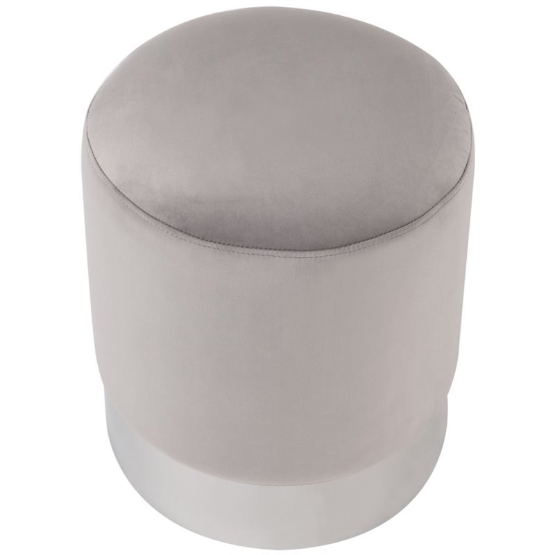 Maklaine Velvet Round Ottoman with Metal Base in Gray/Chrome