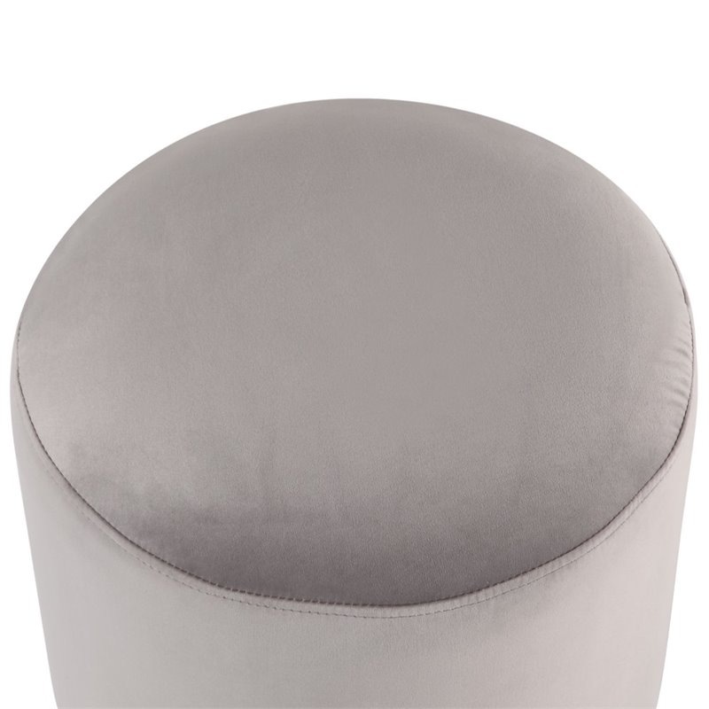 Maklaine Velvet Round Ottoman with Metal Base in Gray/Chrome