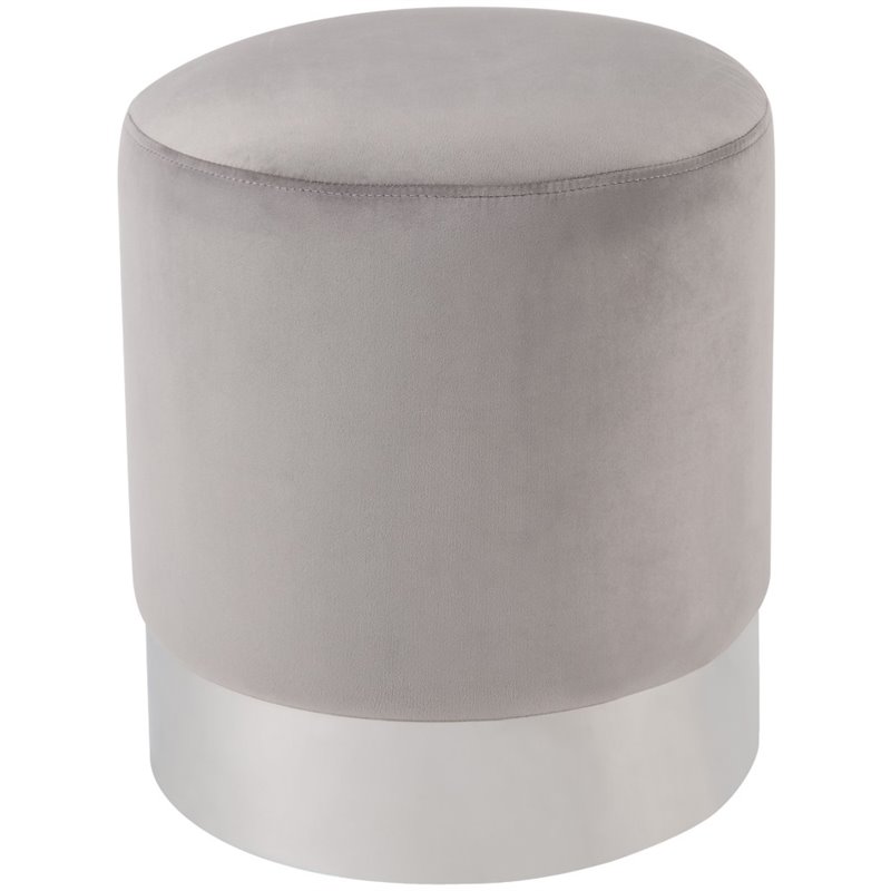 Maklaine Velvet Round Ottoman with Metal Base in Gray/Chrome