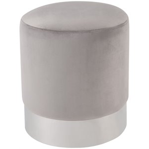 Maklaine Velvet Round Ottoman with Metal Base in Gray/Chrome