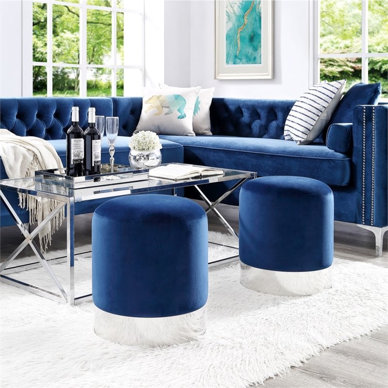 Maklaine Velvet Round Ottoman with Metal Base in Blue/Chrome