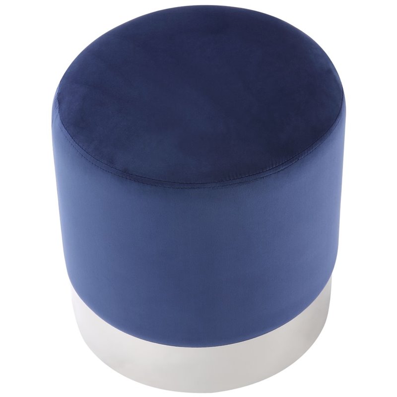 Maklaine Velvet Round Ottoman with Metal Base in Blue/Chrome