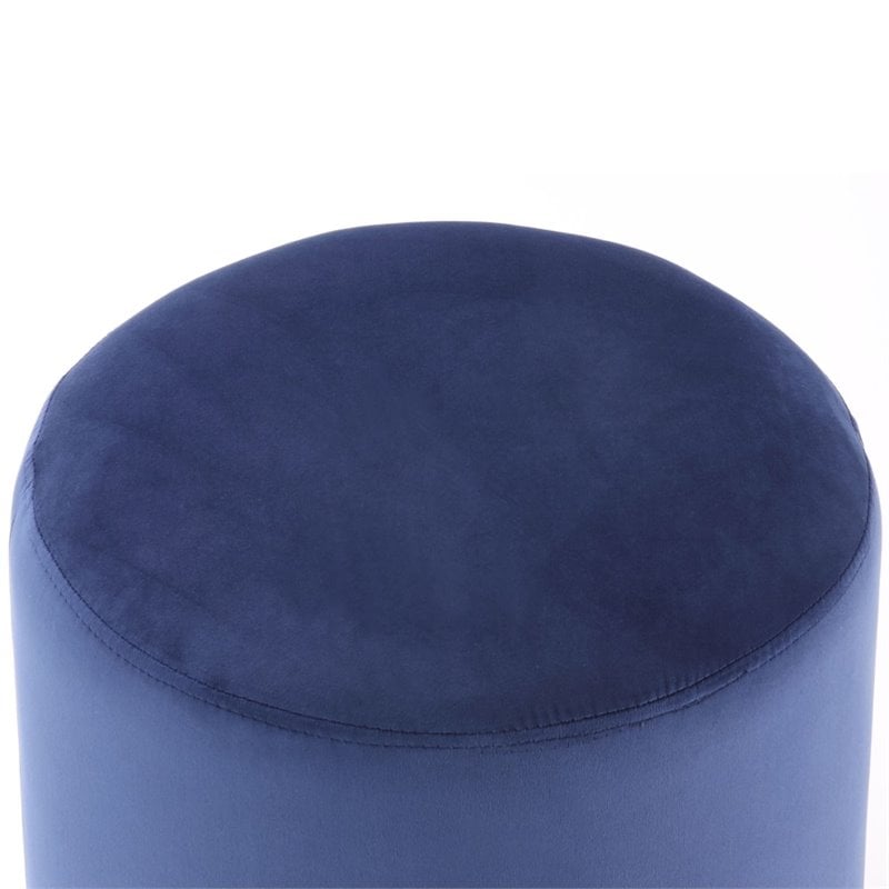 Maklaine Velvet Round Ottoman with Metal Base in Blue/Chrome