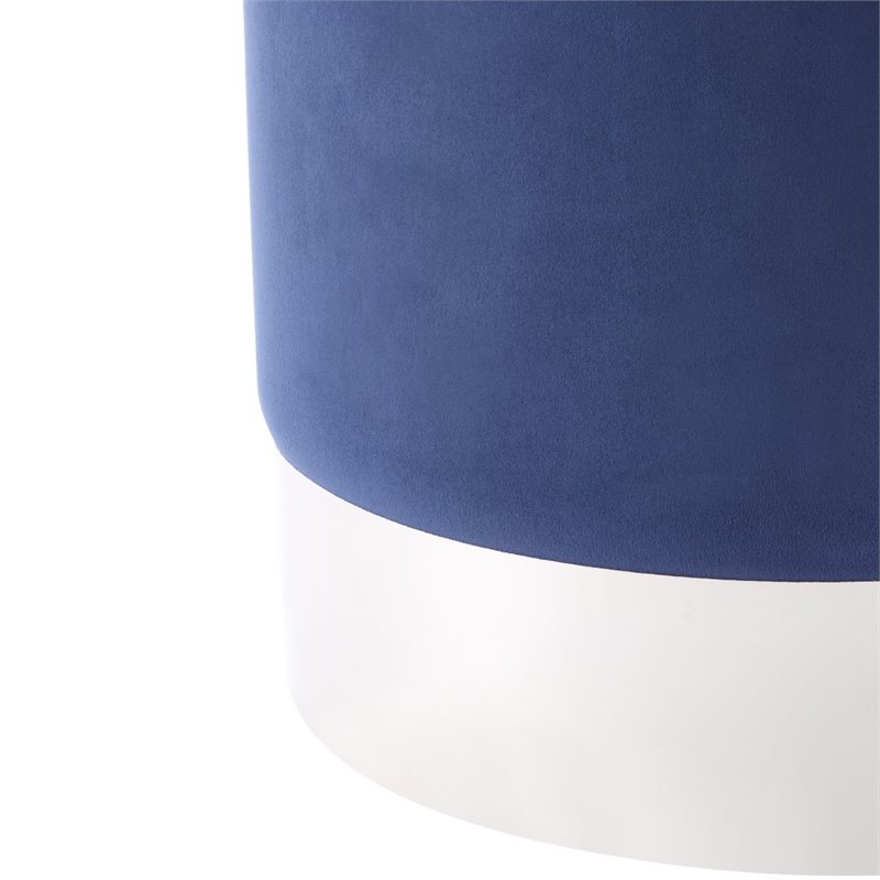 Maklaine Velvet Round Ottoman with Metal Base in Blue/Chrome