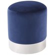 Maklaine Velvet Round Ottoman with Metal Base in Blue/Chrome