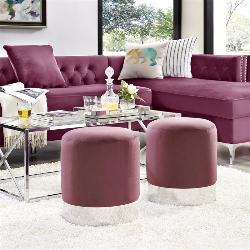 Maklaine Velvet Round Ottoman with Metal Base in Plum/Chrome