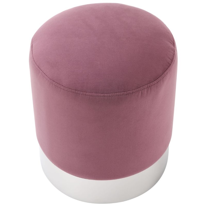 Maklaine Velvet Round Ottoman with Metal Base in Plum/Chrome