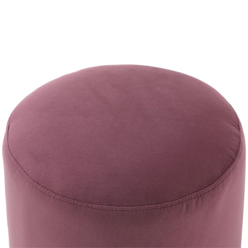 Maklaine Velvet Round Ottoman with Metal Base in Plum/Chrome