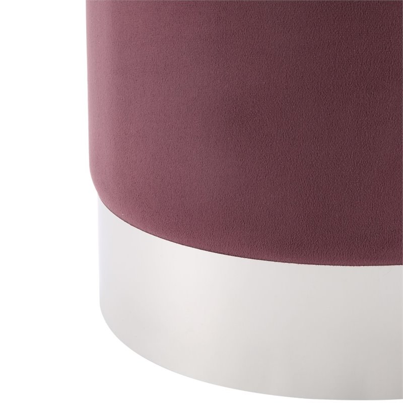 Maklaine Velvet Round Ottoman with Metal Base in Plum/Chrome
