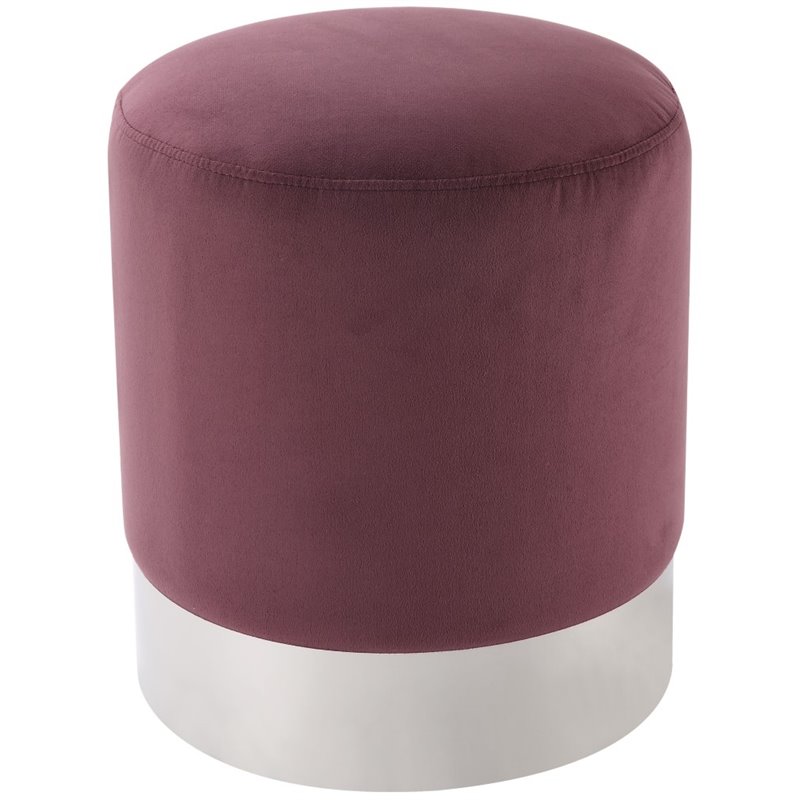 Maklaine Velvet Round Ottoman with Metal Base in Plum/Chrome