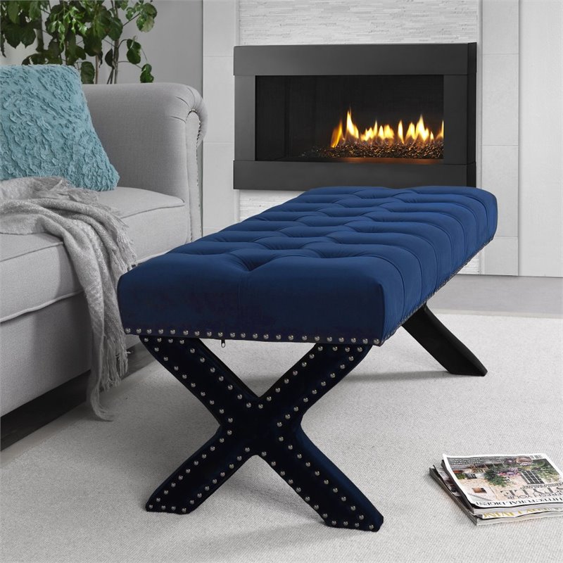 Maklaine Tufted Velvet Bench with Nailhead Trim in Navy Blue