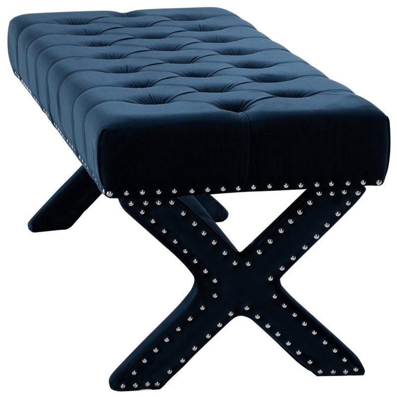Maklaine Tufted Velvet Bench with Nailhead Trim in Navy Blue