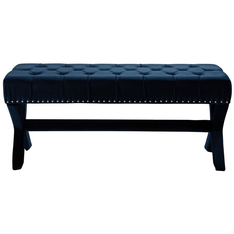 Maklaine Tufted Velvet Bench with Nailhead Trim in Navy Blue