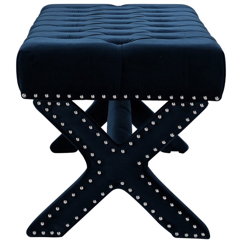 Maklaine Tufted Velvet Bench with Nailhead Trim in Navy Blue