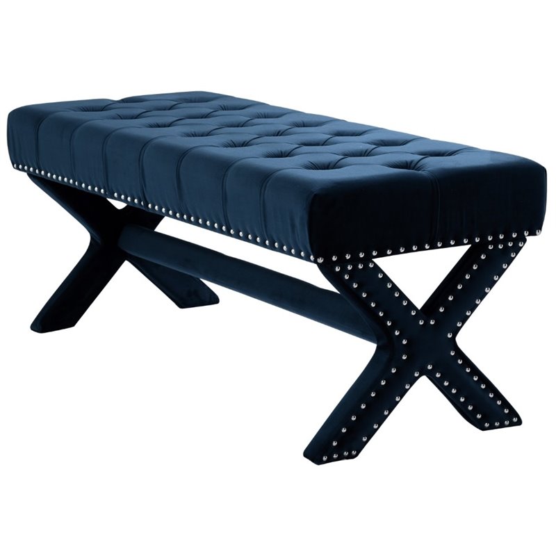 Maklaine Tufted Velvet Bench with Nailhead Trim in Navy Blue