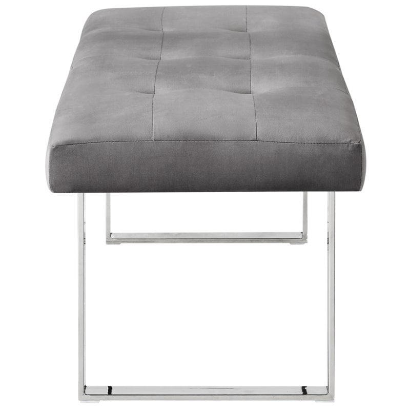Maklaine Tufted Velvet Bench with Stainless Steel Legs in Gray/Chrome