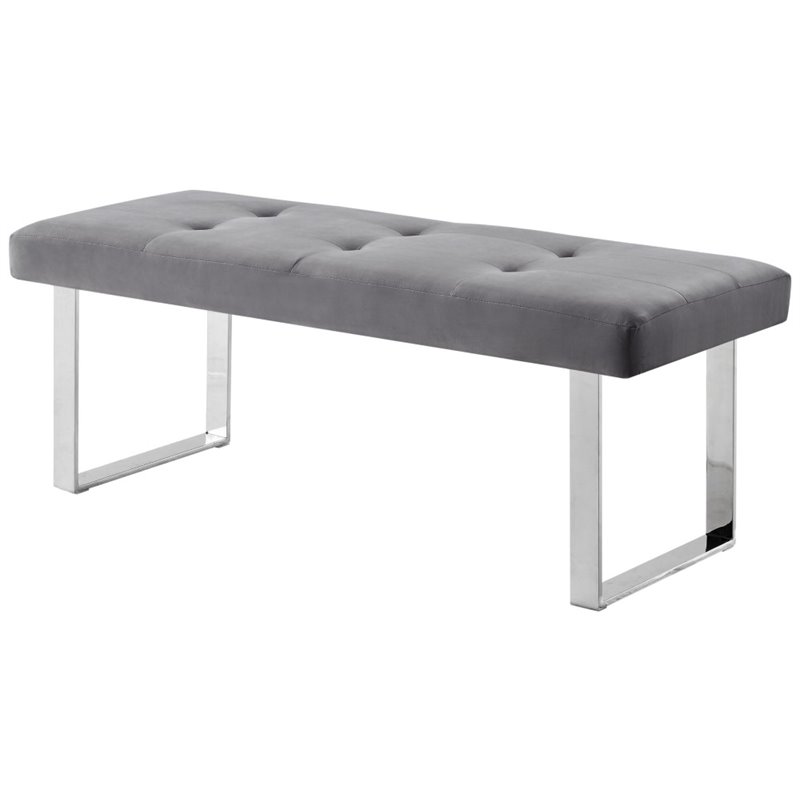 Maklaine Tufted Velvet Bench with Stainless Steel Legs in Gray/Chrome