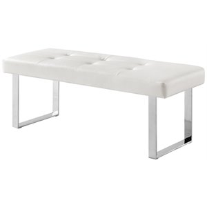 Maklaine Faux Leather Bench with Stainless Steel Legs in White/Chrome