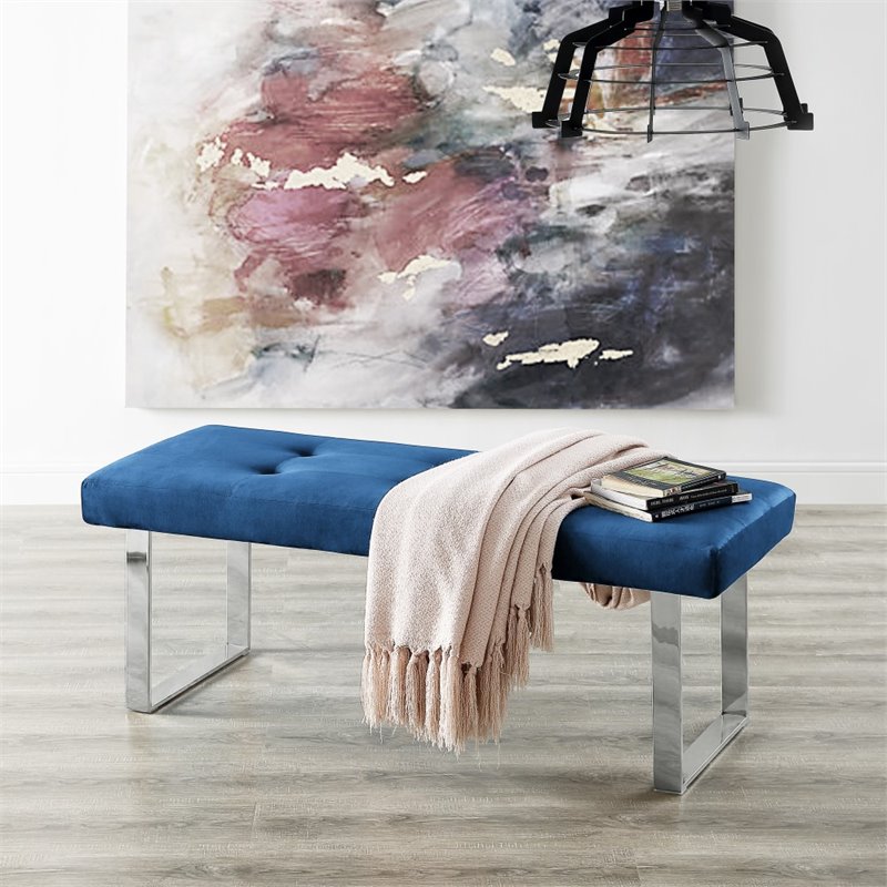 Maklaine Tufted Velvet Bench with Stainless Steel Legs in Blue/Chrome