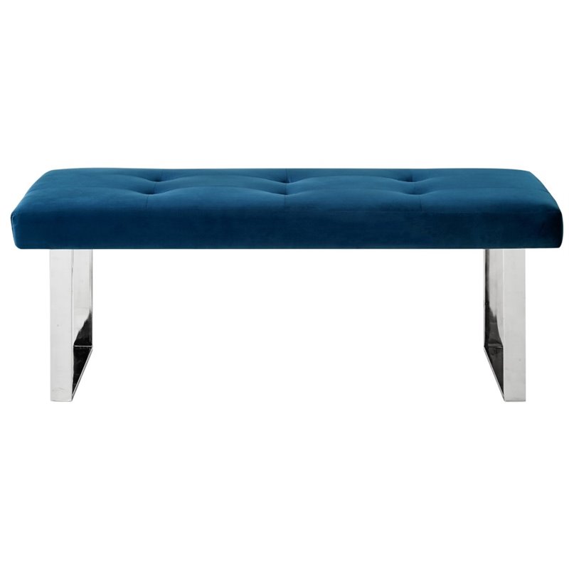 Maklaine Tufted Velvet Bench with Stainless Steel Legs in Blue/Chrome
