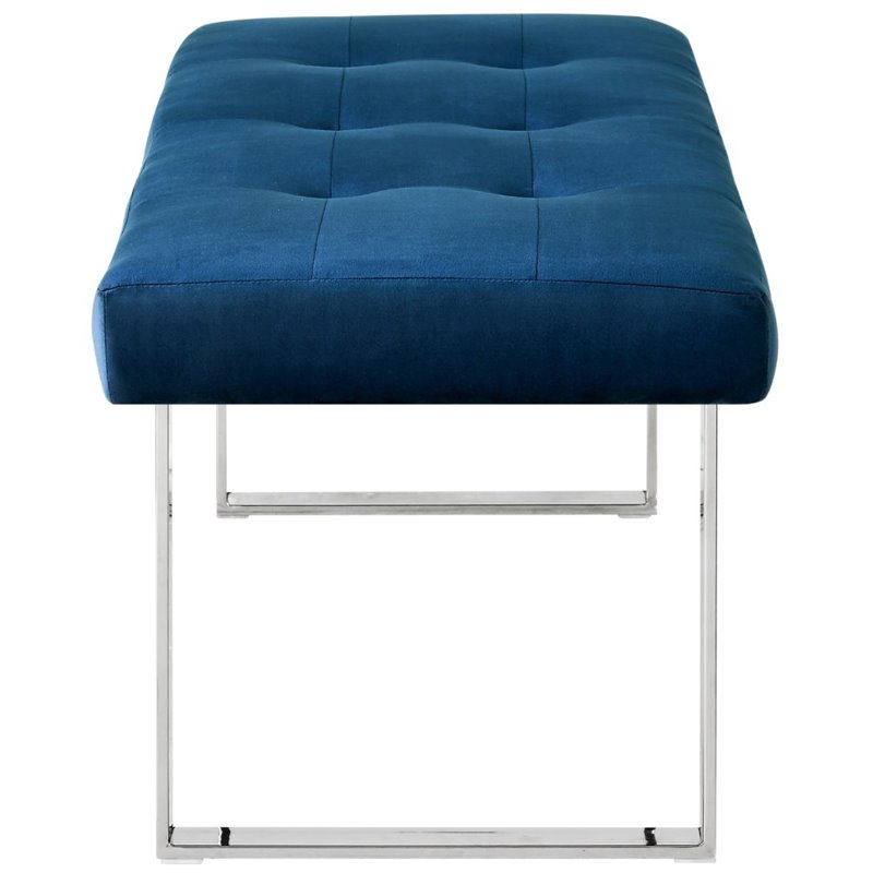 Maklaine Tufted Velvet Bench with Stainless Steel Legs in Blue/Chrome