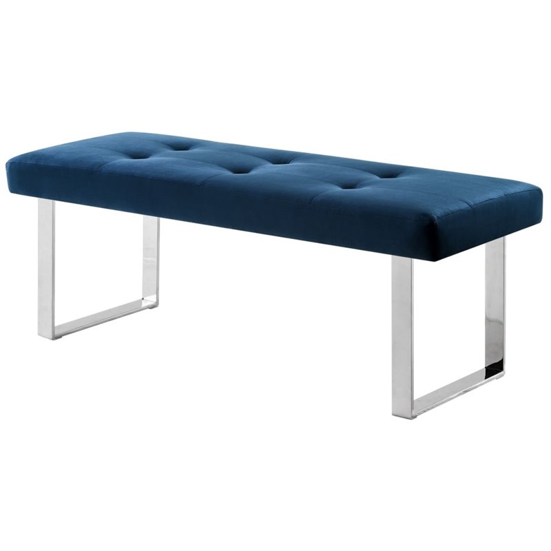 Maklaine Tufted Velvet Bench with Stainless Steel Legs in Blue/Chrome