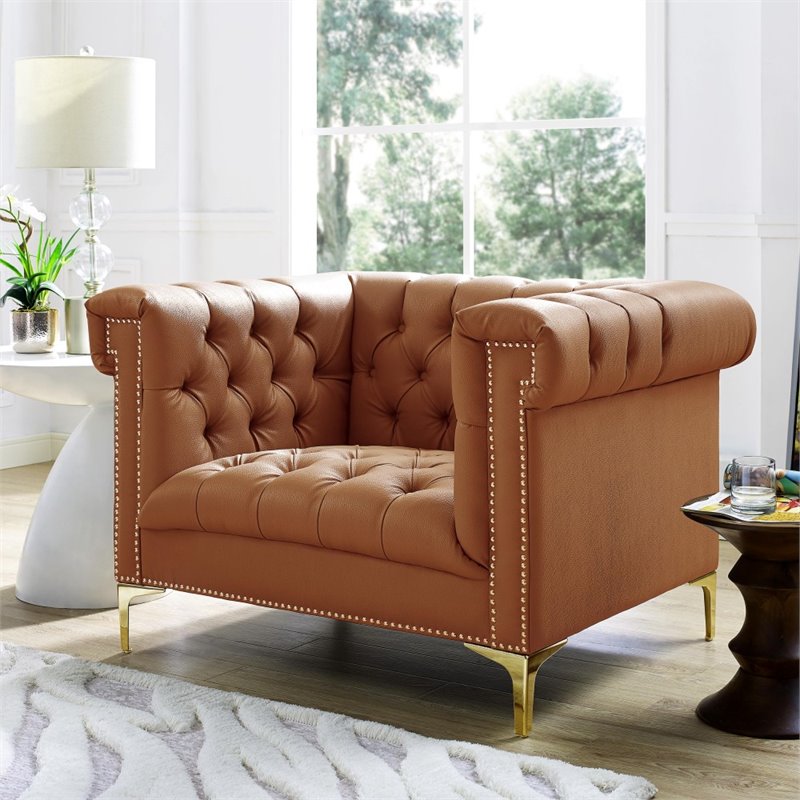 Maklaine Button Tufted Leather Chesterfield Accent Chair - Brown/Gold