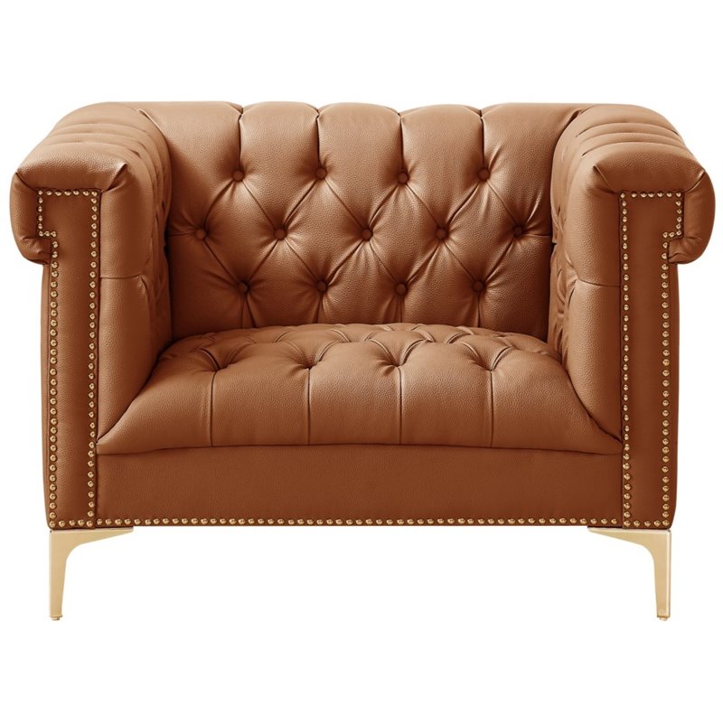 Maklaine Button Tufted Leather Chesterfield Accent Chair - Brown/Gold
