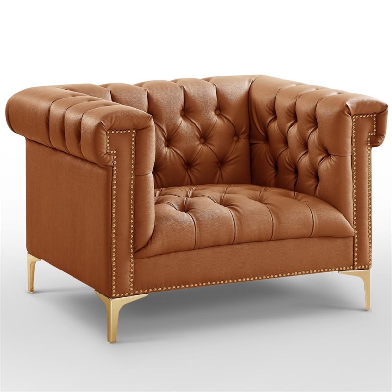 Maklaine Button Tufted Leather Chesterfield Accent Chair - Brown/Gold