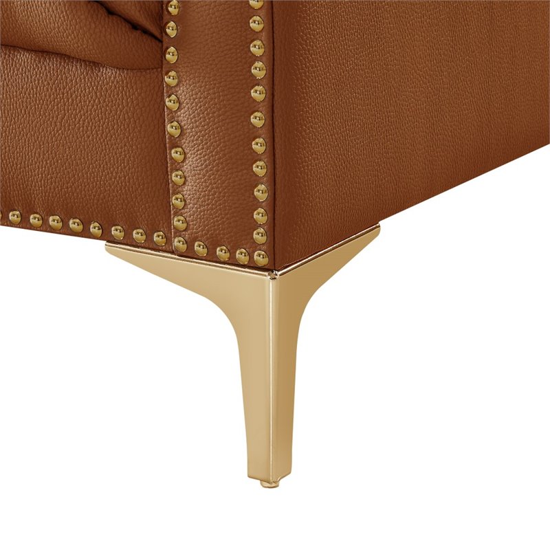 Maklaine Button Tufted Leather Chesterfield Accent Chair - Brown/Gold