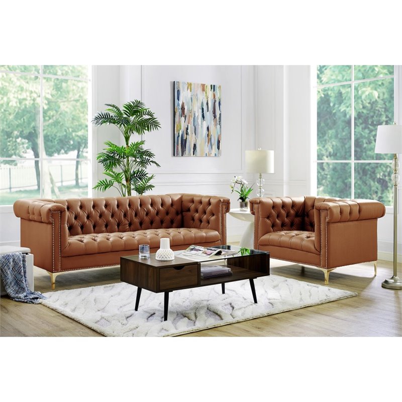 Maklaine Button Tufted Leather Chesterfield Accent Chair - Brown/Gold