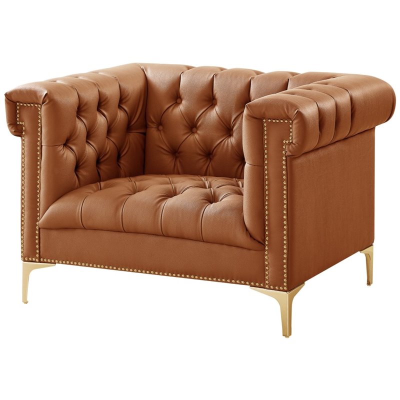 Maklaine Button Tufted Leather Chesterfield Accent Chair - Brown/Gold